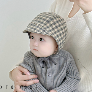 婴儿帽子春秋冬季保暖防风护耳帽可爱超萌格子男女宝宝包耳套头帽