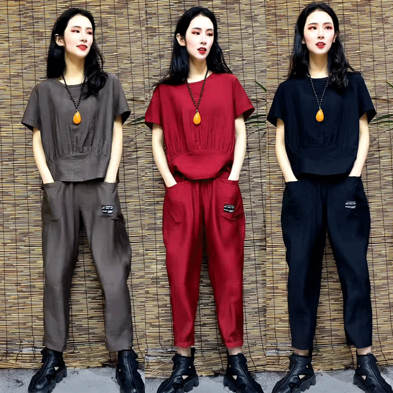 夏季新款网红爆款时尚套装女显瘦遮肉休闲上衣洋气裤子穿搭一整套