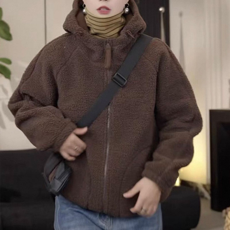 秋冬女加厚保暖连帽颗粒绒外套