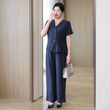大女装夏季套装宽松气质V领短袖两件套胖mm洋气莱赛尔休闲服饰