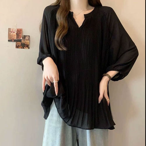 大码夏装宽松遮肚显瘦褶皱衬衫