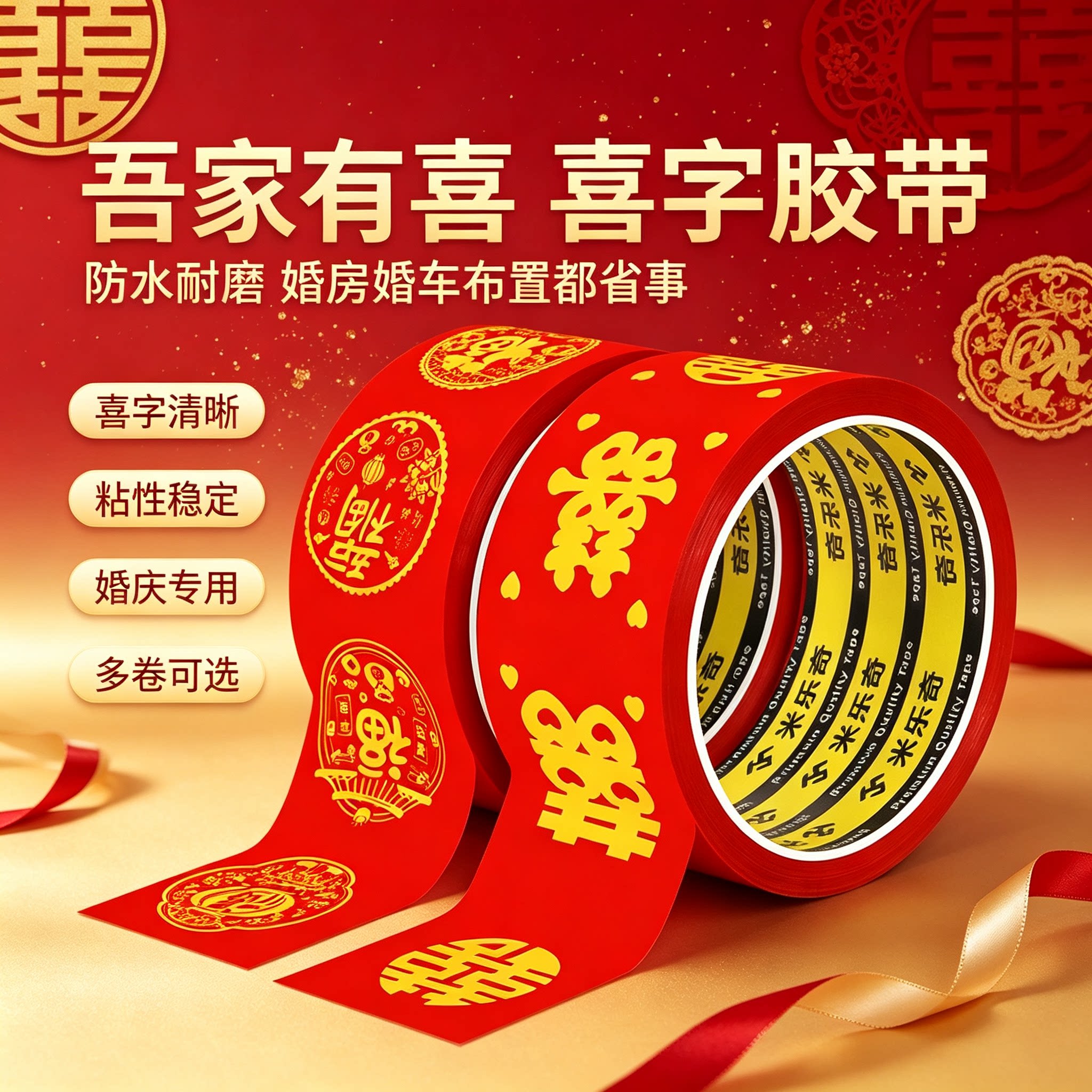 结婚大红色喜庆喜字胶布新年春节福字胶带婚房装饰婚庆用品封口胶