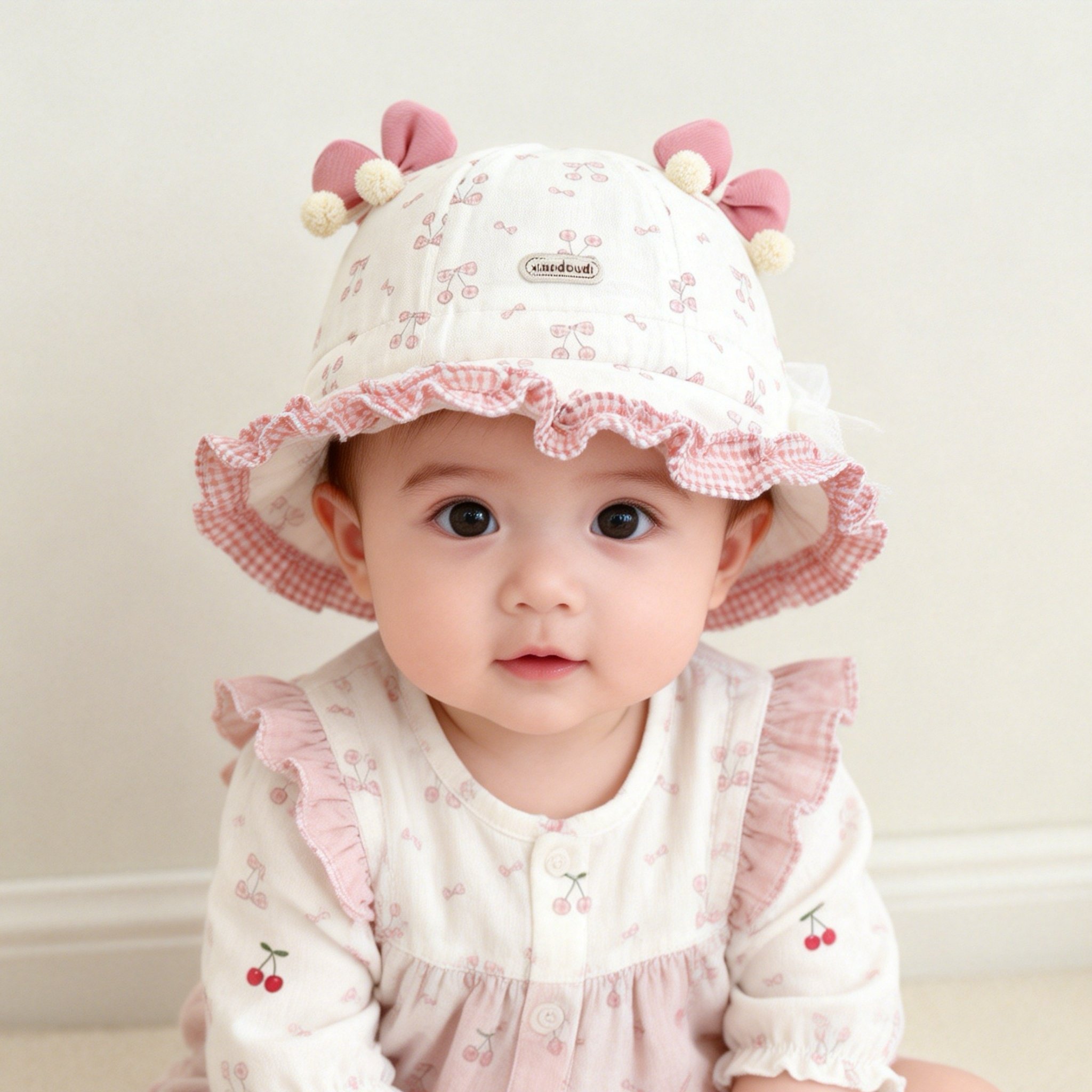 婴儿帽子春秋女宝宝樱桃碎花渔夫帽遮阳防晒盆帽可爱荷叶边,童装/婴儿装/亲子装,帽子,淘宝优惠券,粉丝福利购,淘宝优惠卷