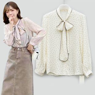 国内专柜品牌撤柜折扣依系列名媛镶边系带植绒小波点雪纺衬衫上衣
