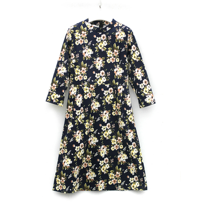 专柜品牌撤柜千系列2020春夏装文艺范碎花印花棉质立领中长连衣裙