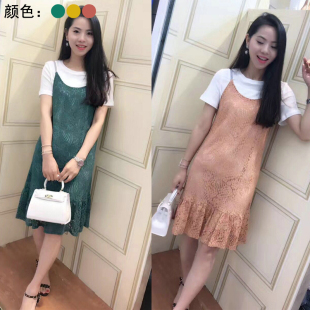 国内品牌 依Y夏装名媛韩范荷叶边显瘦两件套装T恤+蕾丝吊带连衣裙