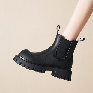 香脉头层牛皮烟筒靴女2024春秋新款 厚底马丁靴真皮切尔西短靴子