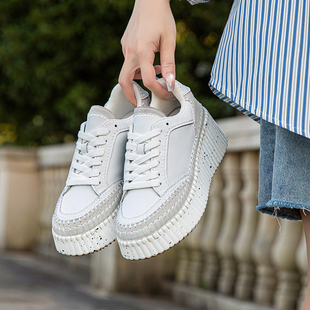 香脉6151松糕厚底鞋春秋拼色增高小白鞋百搭真皮休闲运动鞋小个子