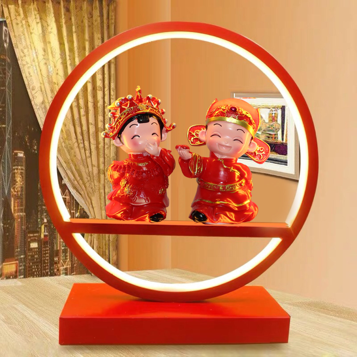 卧室床头灯结婚礼物红色婚房创意实用灯饰婚庆圆圈台灯时尚礼品