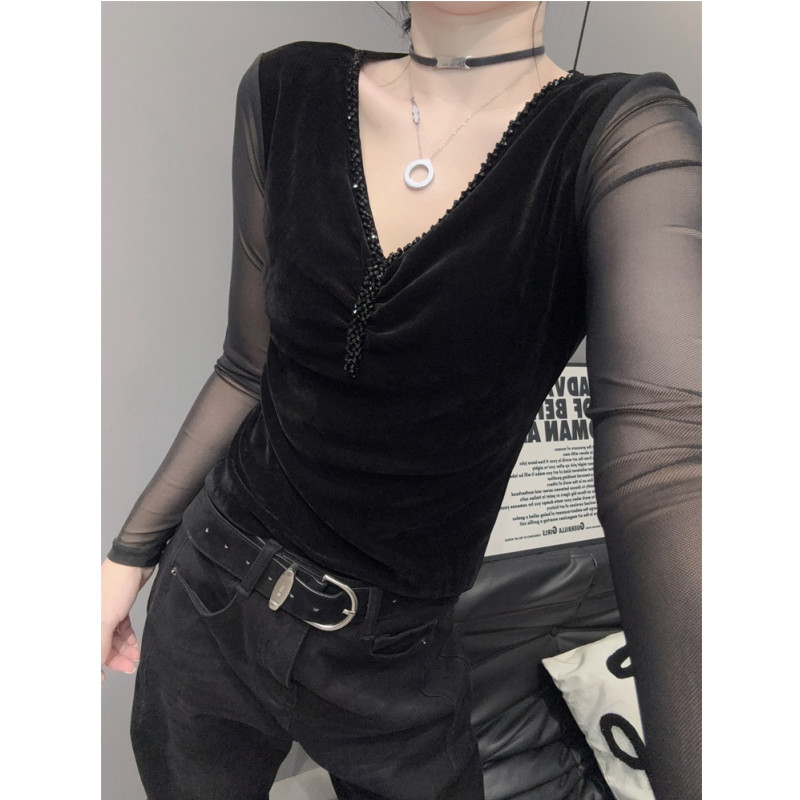 性感钉珠V领长袖T恤女紧身打底衫