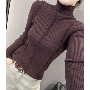 秋冬款毛边流苏毛衣女长袖欧洲站洋气内搭紧身打底针织衫高领上衣