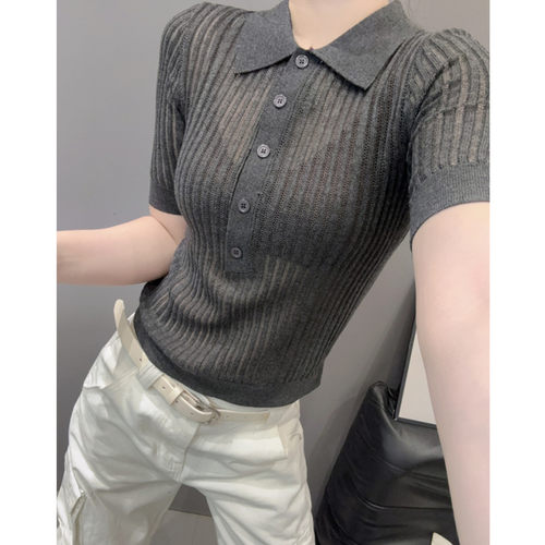 翻领短袖女冰丝针织衫半开领上衣