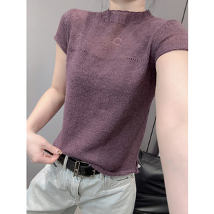 半高领冰丝针织衫短袖女洋气百搭修身毛衣拼接打底小衫立领上衣夏