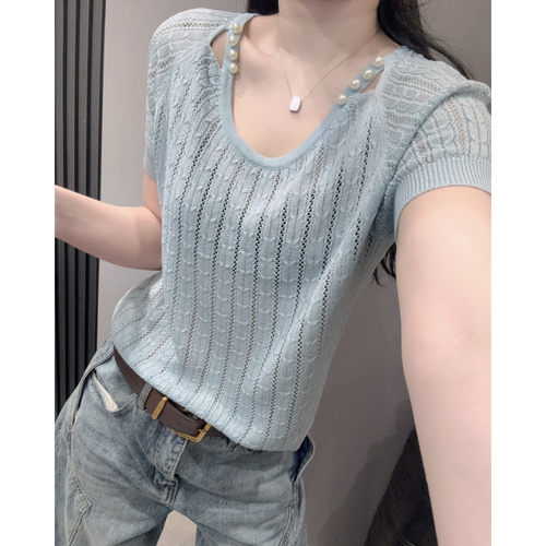 麻花镂空短袖女冰丝针织衫宽松