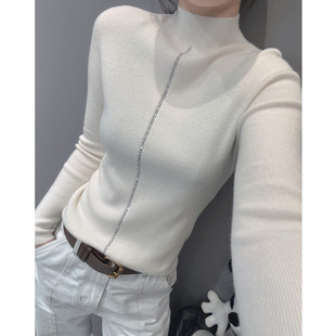 秋冬款百搭烫钻针织衫长袖女欧洲站内搭紧身毛衣半高领打底衫上衣