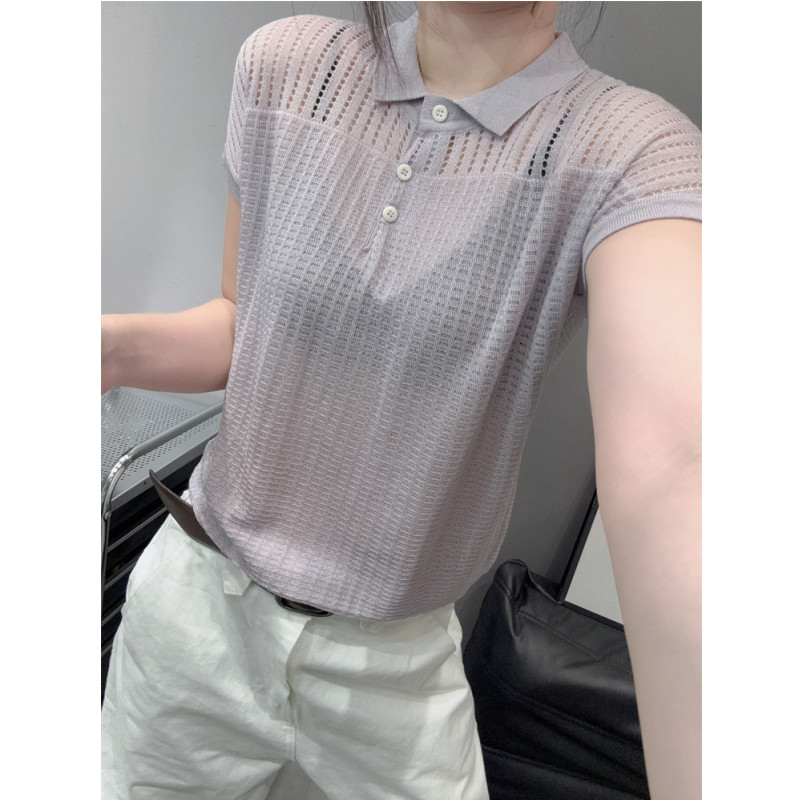 POLO衫翻领冰丝针织衫短袖女宽松