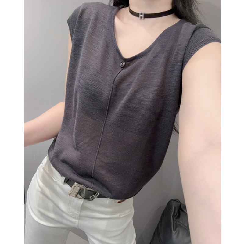小飞袖V领冰丝针织衫短袖女欧洲站宽松百搭减龄显瘦遮肚子上衣夏