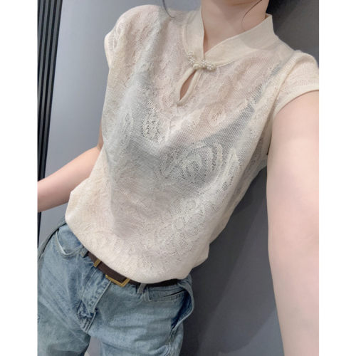 新中式立领盘扣冰丝针织衫短袖女