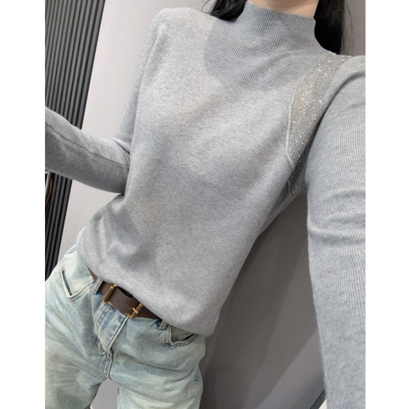 烫钻半高领长袖针织衫女打底小衫
