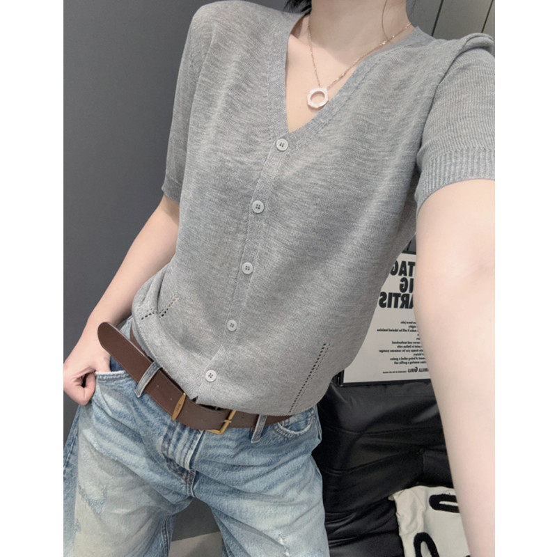 V领开衫短袖女冰丝针织衫欧货洋气简约百搭显瘦修身破洞上衣夏天v