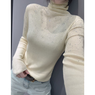 气质独特修身 女秋冬款 内搭毛衣打底高领上衣 长袖 堆堆领烫钻针织衫