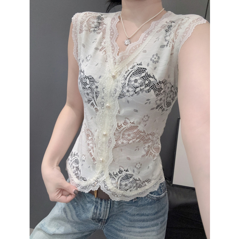 花边蕾丝V领无袖T恤女性感微透气图片