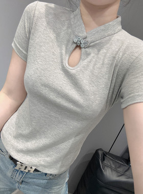 新中式国风立领盘扣短袖t恤女夏装新款欧货修身镂空气质灰色上衣