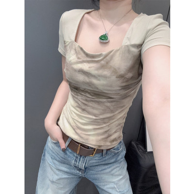 露锁骨方领短袖T恤女紧身