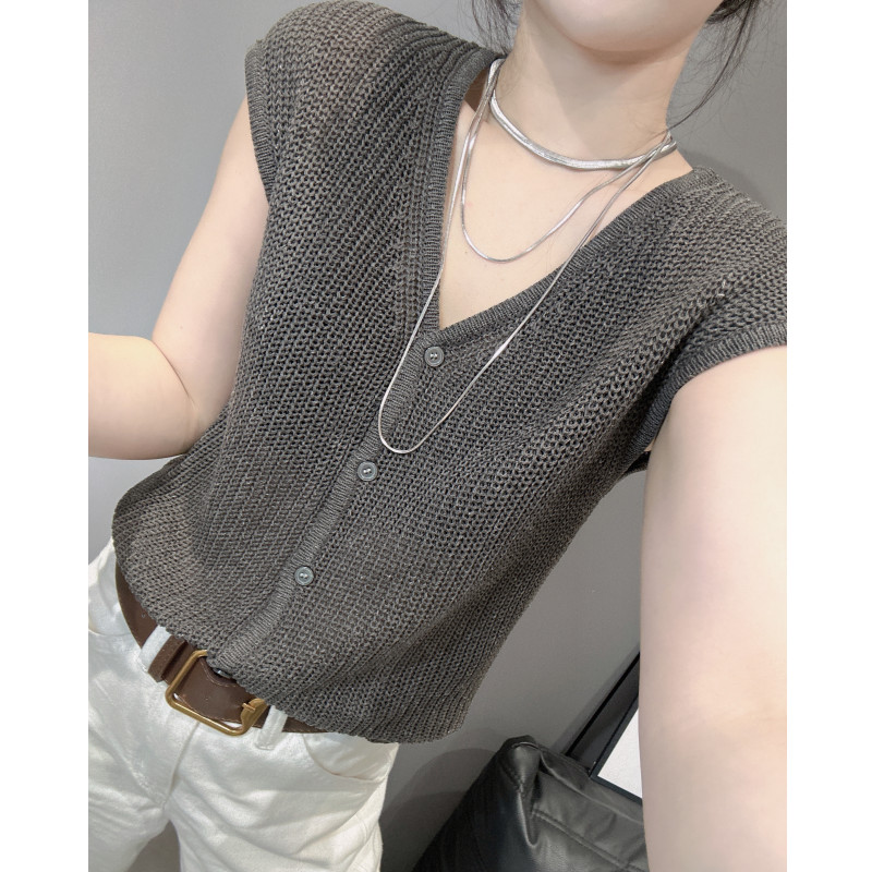 修身V领冰丝短袖开衫女针织衫