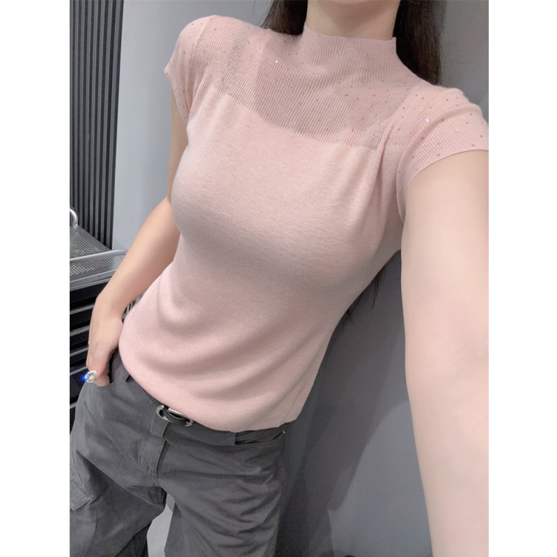 半高领烫钻针织衫短袖女高级感