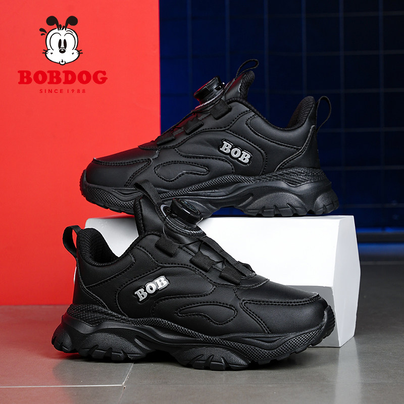 巴布豆童鞋男童运动鞋女童春秋款皮面黑色鞋子轻便软底儿童跑步鞋