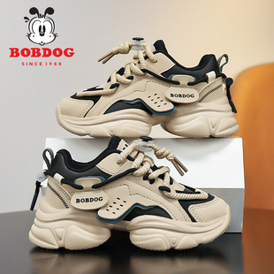 巴布豆童鞋男童鞋子春秋季皮面防水儿童运动鞋轻便软底女孩老爹鞋