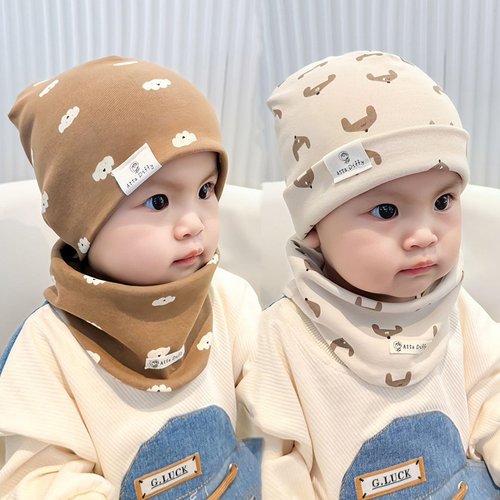 儿童帽子围脖两件套秋冬宝宝套头帽春秋季纯棉婴幼儿男童女童套装