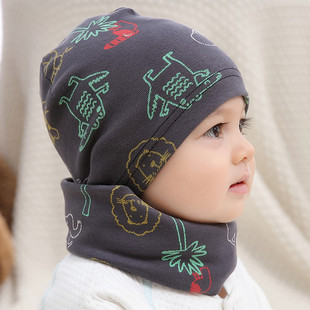 秋冬儿童帽子围脖两件套纯棉保暖婴儿女孩男童宝宝套装 春秋套头帽