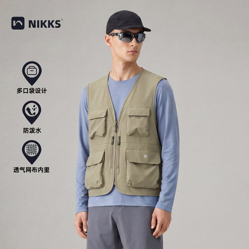 NIKKS新款男士工装马甲外穿夏季轻薄钓鱼马夹多口袋户外背心夹克