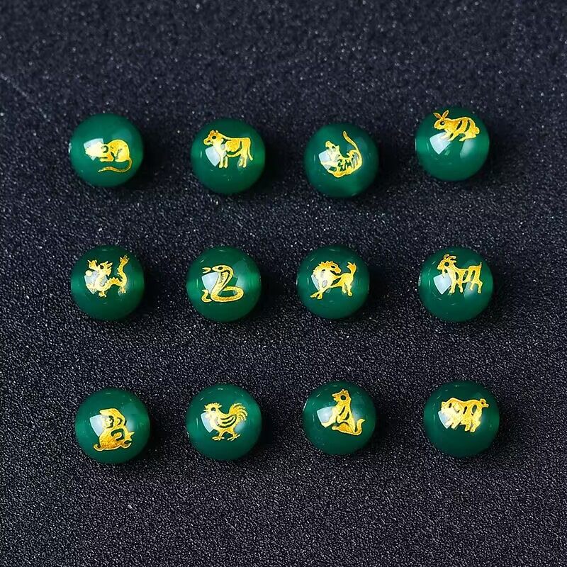 天然绿玛瑙烫金十二生肖圆珠DIY佛珠手串配珠吊坠配饰本命年饰品