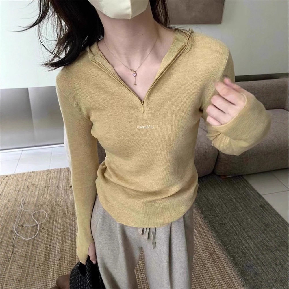 韩系温柔半拉链连帽针织衫女春秋内搭慵懒修身打底毛衣设计感上衣