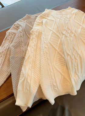 韩版休闲加厚宽松慵懒复古套头保暖白色麻花毛衣女秋冬针织衫上衣