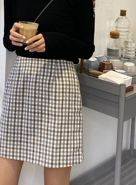 韩版春秋新款洋气格子百搭气质时尚显瘦a字裙子毛呢半身裙短裙女