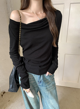 2025新款设计感斜肩一字肩上衣褶皱内搭打底衫长袖t恤女显瘦黑色