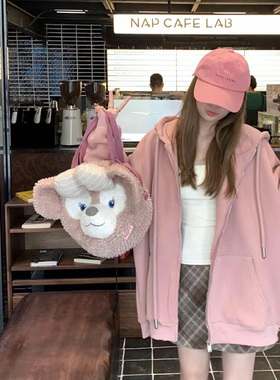 美式新款宽松百搭口袋连帽拉链开衫上衣bm风粉色卫衣外套女长袖春