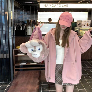 美式新款宽松百搭口袋连帽拉链开衫上衣bm风粉色卫衣外套女长袖春