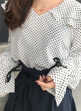 甜美蝴蝶结荷叶边长袖宽松显瘦白色波点雪纺衬衫女夏2024新款上衣