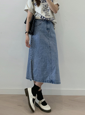 春秋季新款设计感小众高腰显瘦烟灰色开叉牛仔半身裙女a字中长款