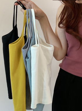 内搭外穿短款弹力纯棉u领百搭纯色细小吊带背心女夏黑色修身打底t