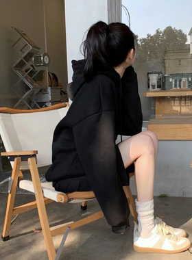 韩版拉链口袋中长款紫色休闲宽松连帽太空棉卫衣外套女黑色情侣秋