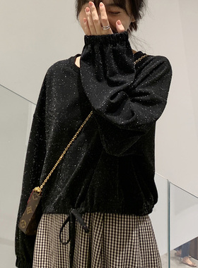 2024春秋新款BlingBling闪闪上衣女星空黑长袖短款卫衣女宽松洋气