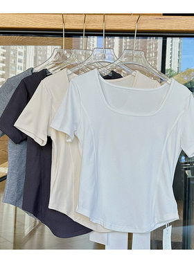 韩版新方领不规则高腰白色短袖T恤女夏荷叶下摆学生修身性感上衣