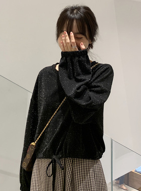 黑色少女卫衣女春秋短款闪闪上衣长袖宽松套头港味chic洋气减龄