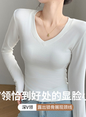 2025新款V领打底衫内搭外穿设计感上衣白色长袖t恤显瘦辣妹女